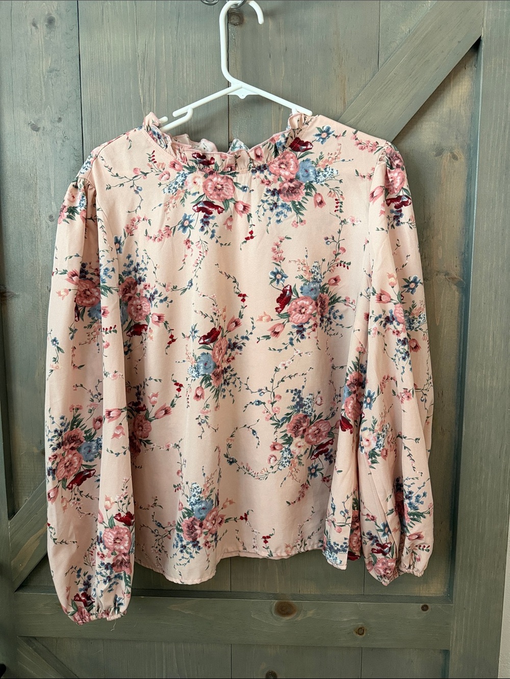 SHEIN Blush Pink Floral Ruffle-Neck Long Sleeve Blouse